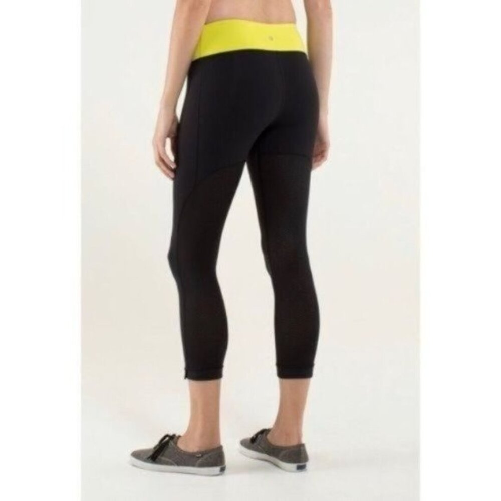 Lululemon Journey Crop Black Yellow Mesh Leggings S Small 4